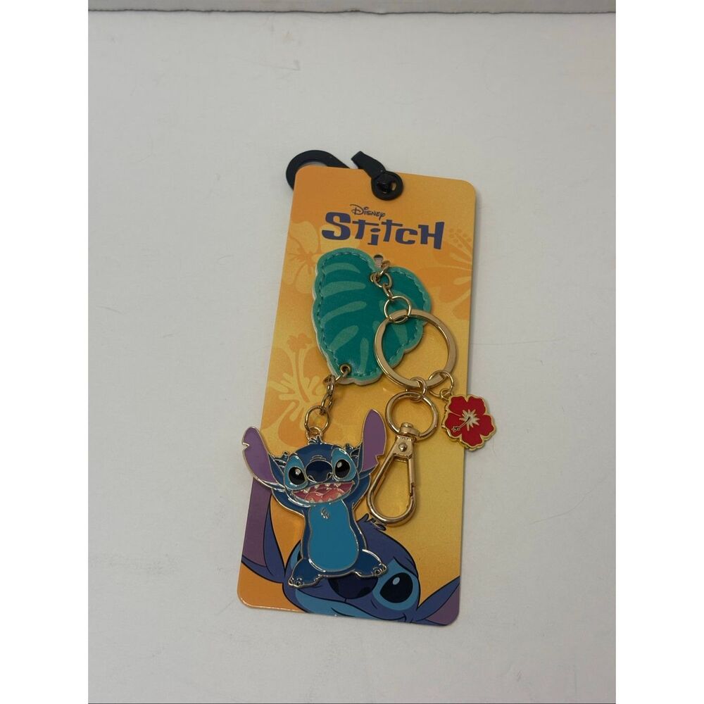 Disney Stitch Gold Tone Keychain Bag Charm Faux Leather Leaf Flower Clip NWT